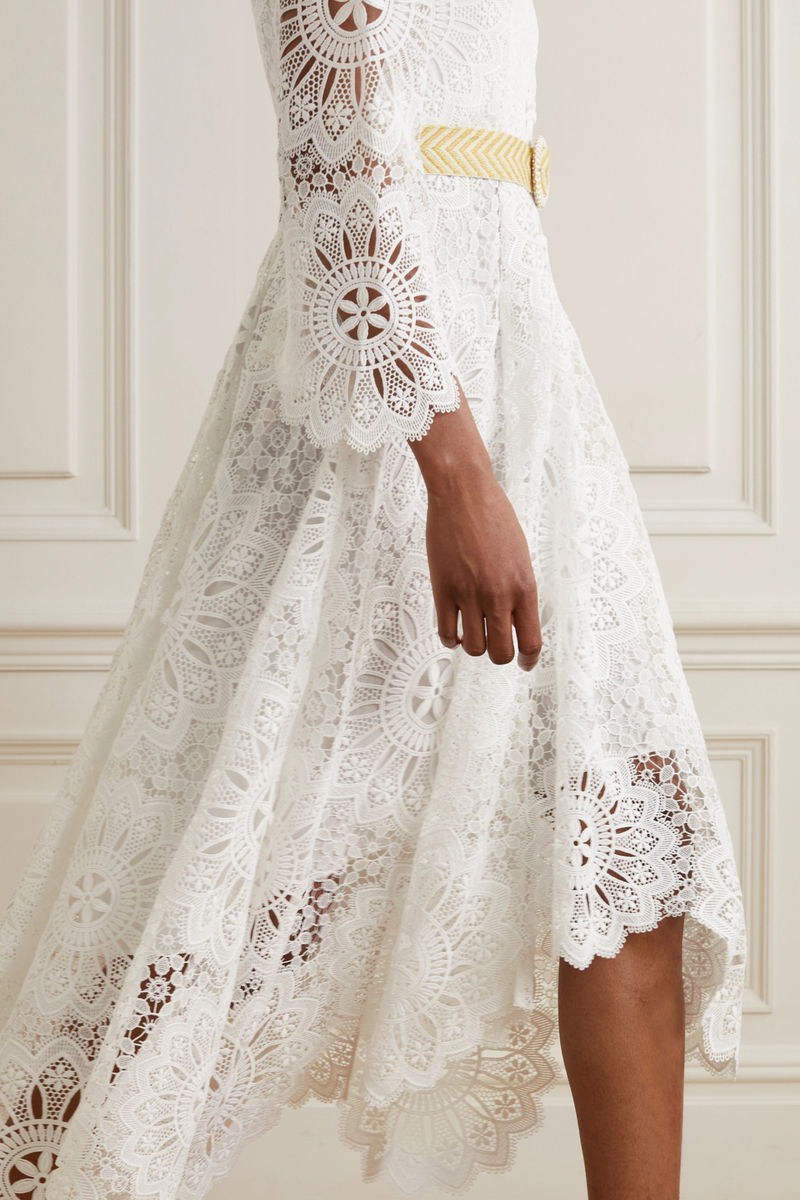ZIMMERMANN Chintz Doily Belted Asymmetric Guipure Lace Midi Dress | endource