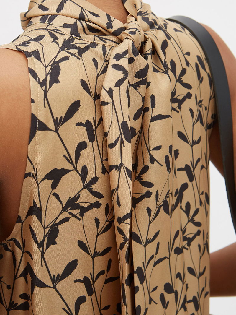 ASCENO Oslo Stem-Print Tie-Neck Silk-Twill Dress | endource