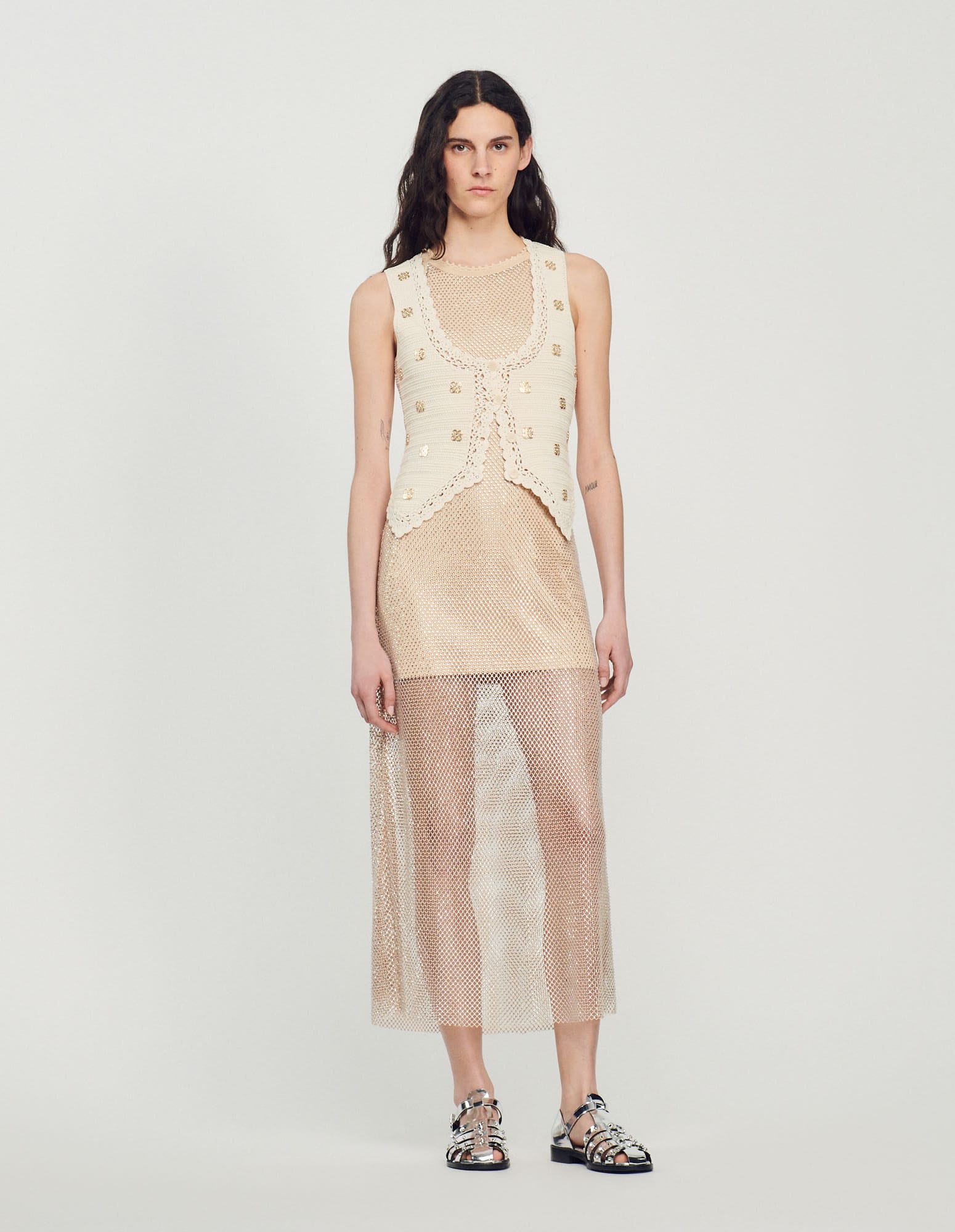 SANDRO Long Shiny Mesh Dress | endource