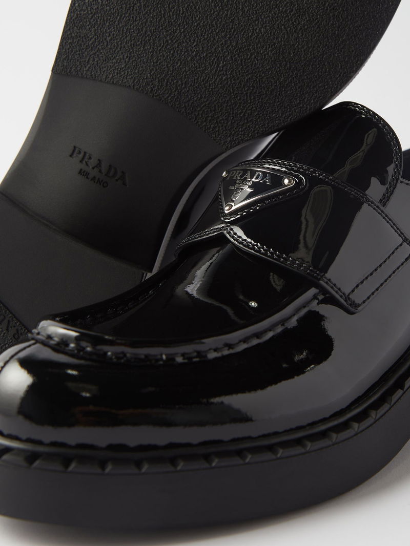 PRADA Triangle Logo-Plaque Patent-Leather Loafers endource