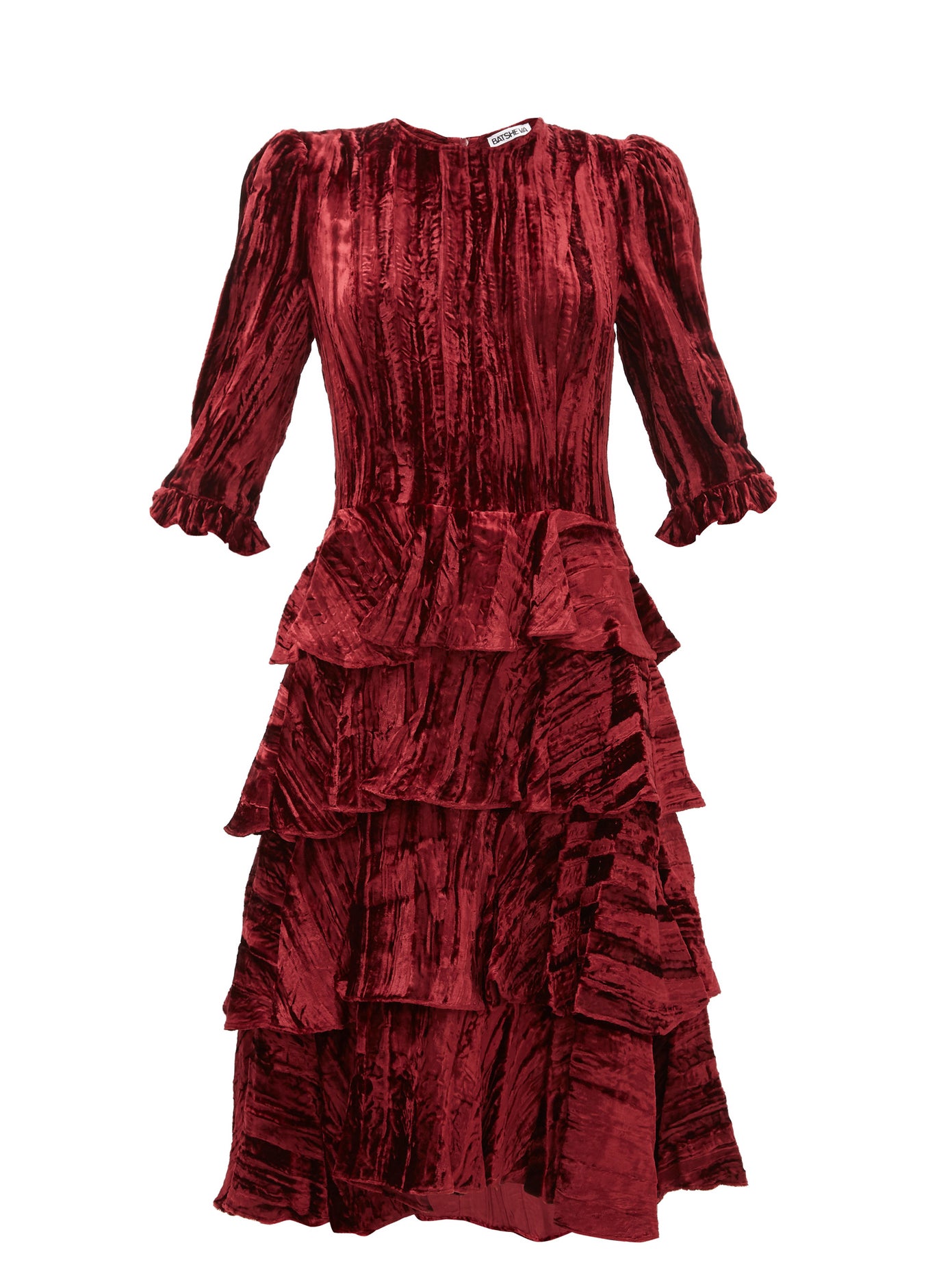 BATSHEVA RuffleTiered Crushed Velvet Midi Dress in Burgundy Endource