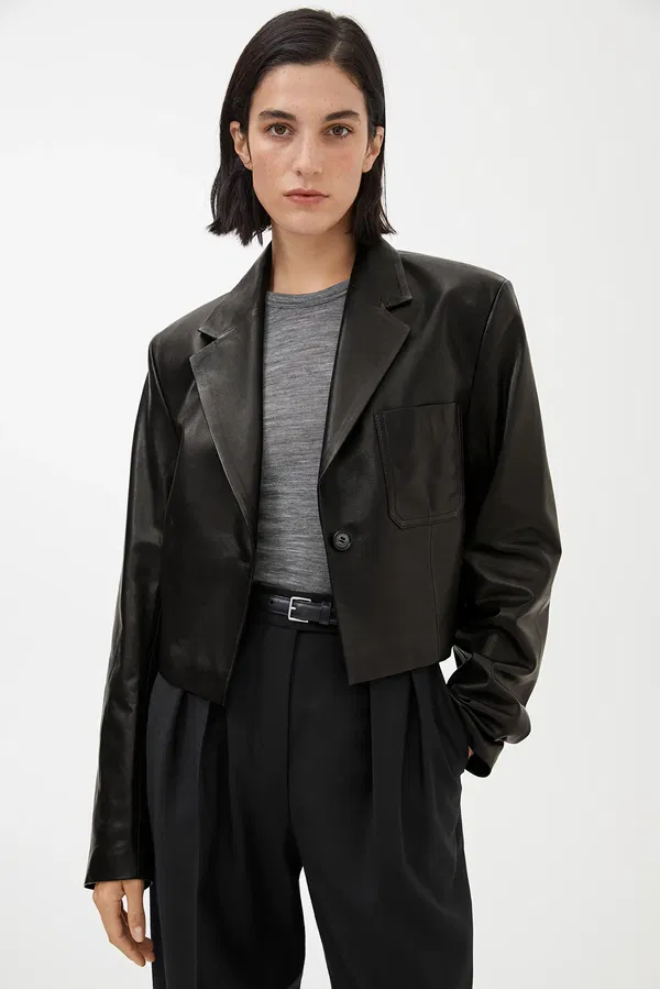 ARKET Cropped Leather Blazer in Black | Endource