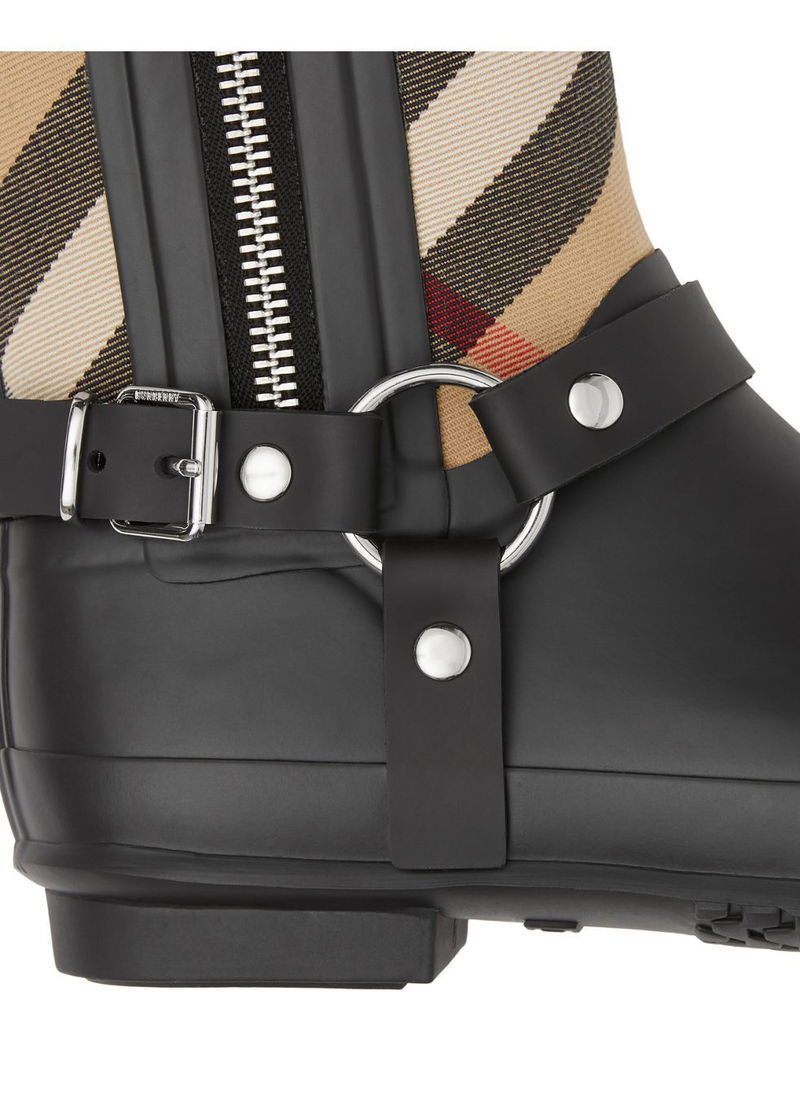 buckle and strap detail check rain boots