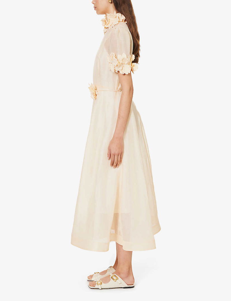 ZIMMERMANN Luminosity Floral-Embellished Linen And Silk Midi Dress | endource ZIMMERMANN Luminosity Floral-Embellished Linen And Silk Midi Dress | endource