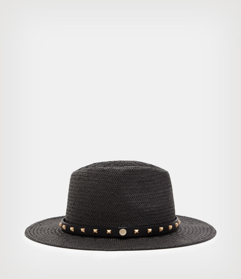 AllSaints Lara Studded Straw Fedora Hat Black Pyramid Studs ALLSAINTS Lara Studded Straw Fedora | endource main image 4