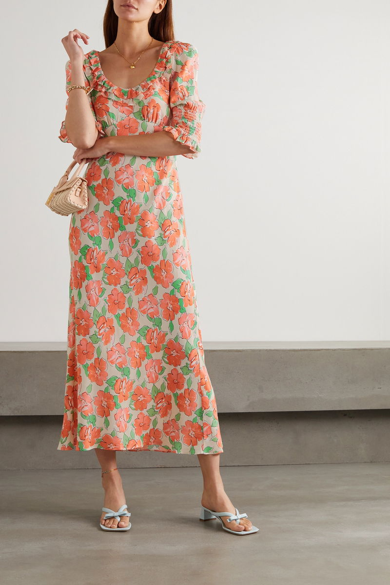floral juliette knitted dress 60% off RIXO Ruffled Shirred Floral-Print Crepe Midi Luxurious Lace Ballgown