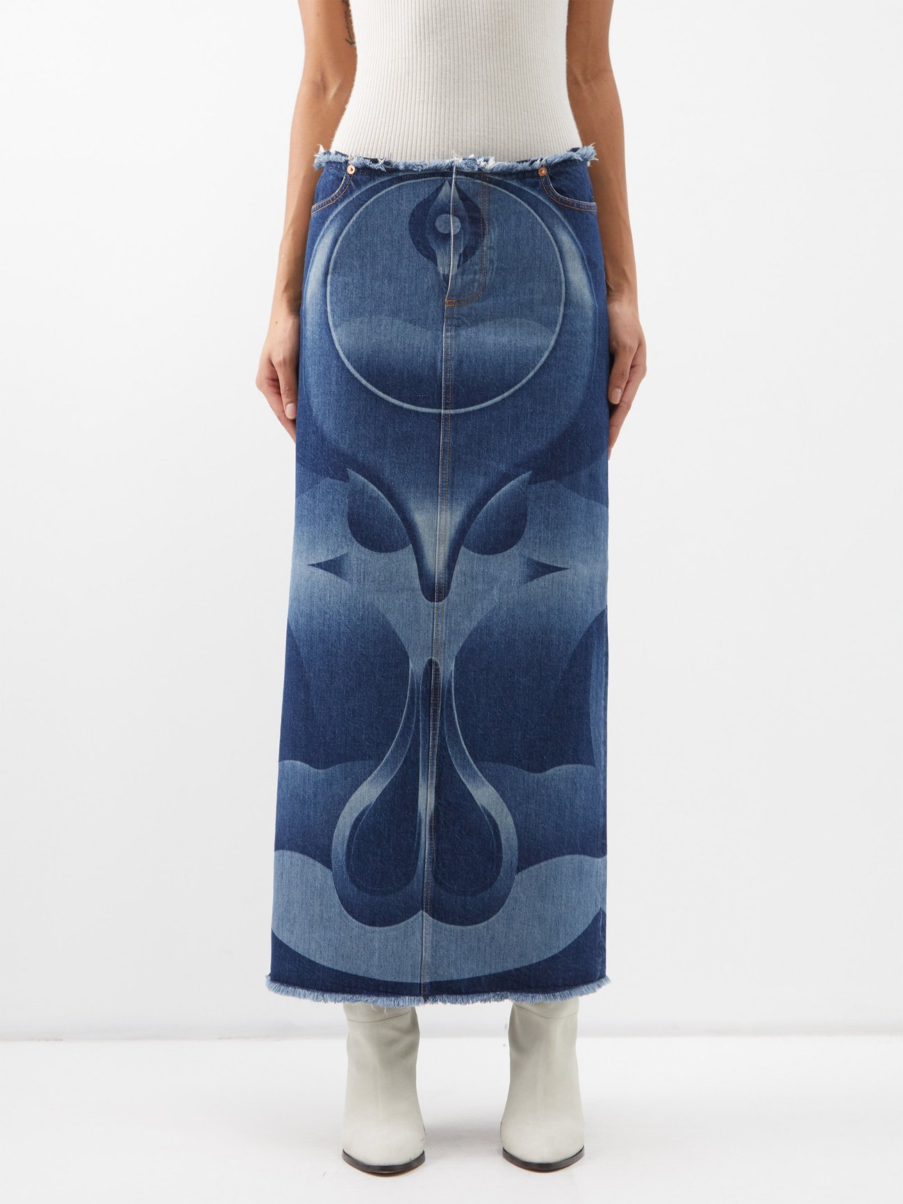 CONNER IVES Laser-Etched Denim Skirt in Blue | Endource 
