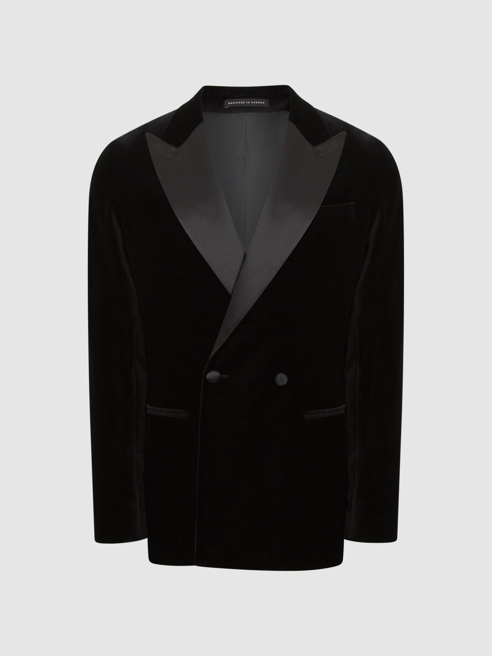 REISS Samba Double Breasted Satin Lapel Velvet Blazer in Black | Endource