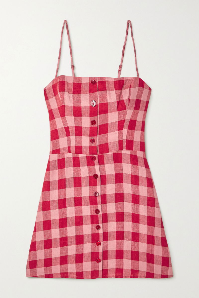 REFORMATION Huckleberry Checked Linen Mini Dress | endource