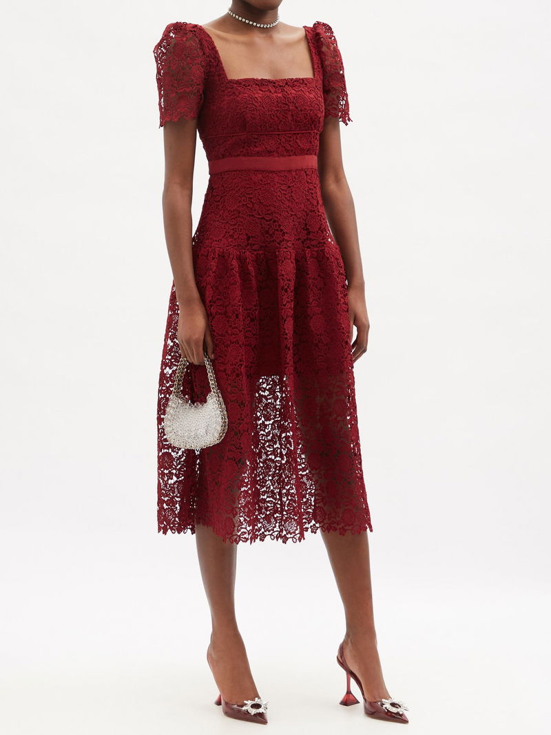 burgundy guipure lace midi dress Self-Portrait Burgundy Guipure Lace Midi Dress