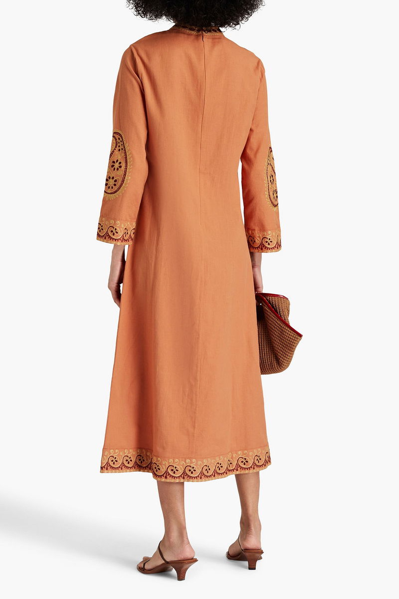 NILI LOTAN Elena Embroidered Cotton And Linen-Blend Turtleneck Midi Dress |  endource