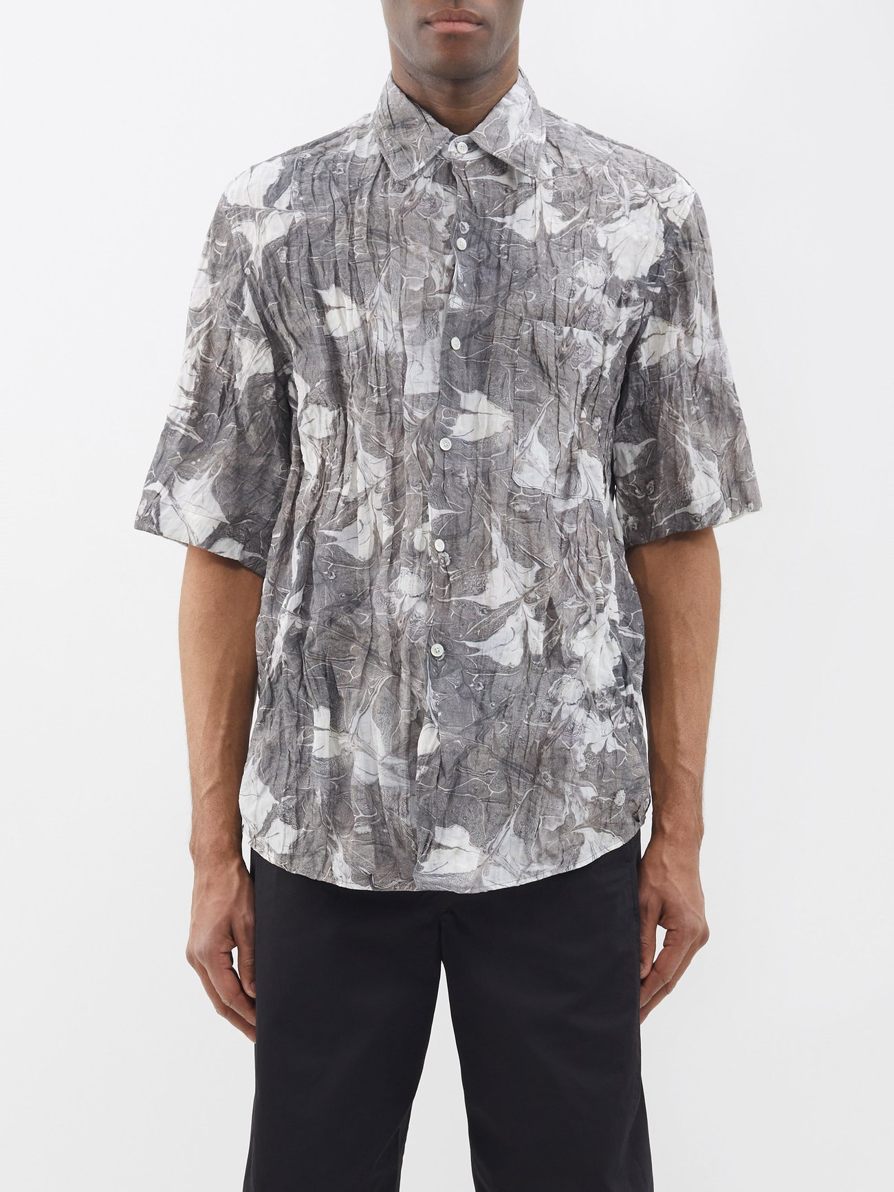 Apricot/Chalk Crinkled Fitted Shirt in Printed Crinkle Silk Mix | LEMAIRE