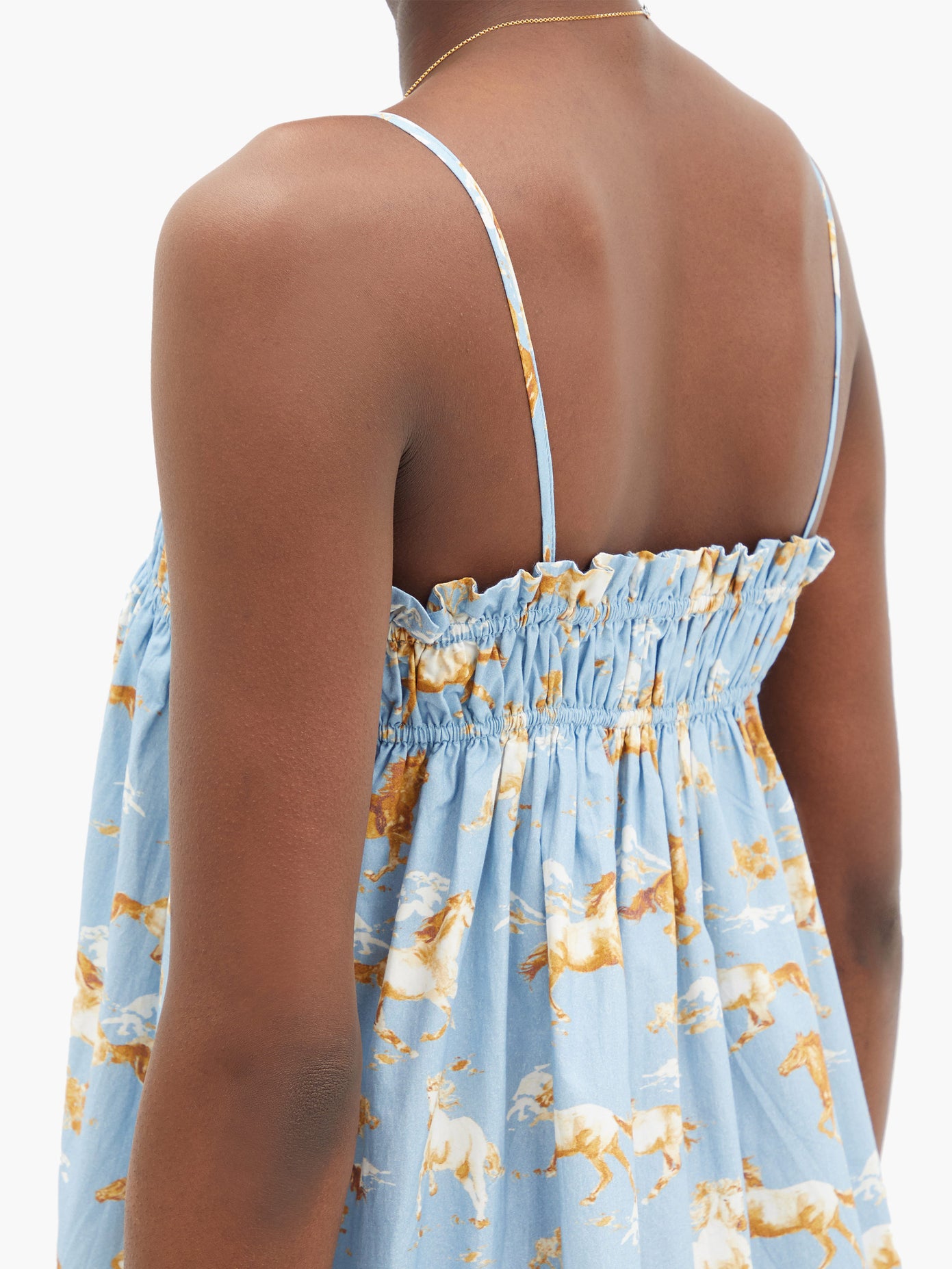 ganni blue horse dress GANNI Shirred Horse-Print Cotton Midi Dress