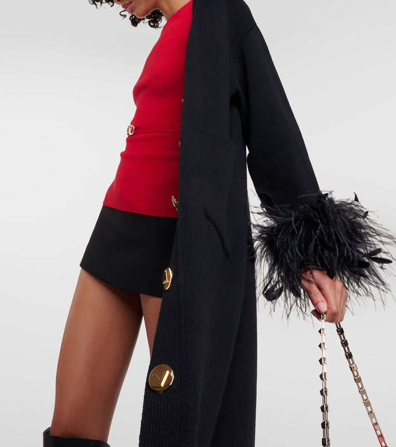 Valentino Feather-Trimmed Virgin Wool Cardigan endource