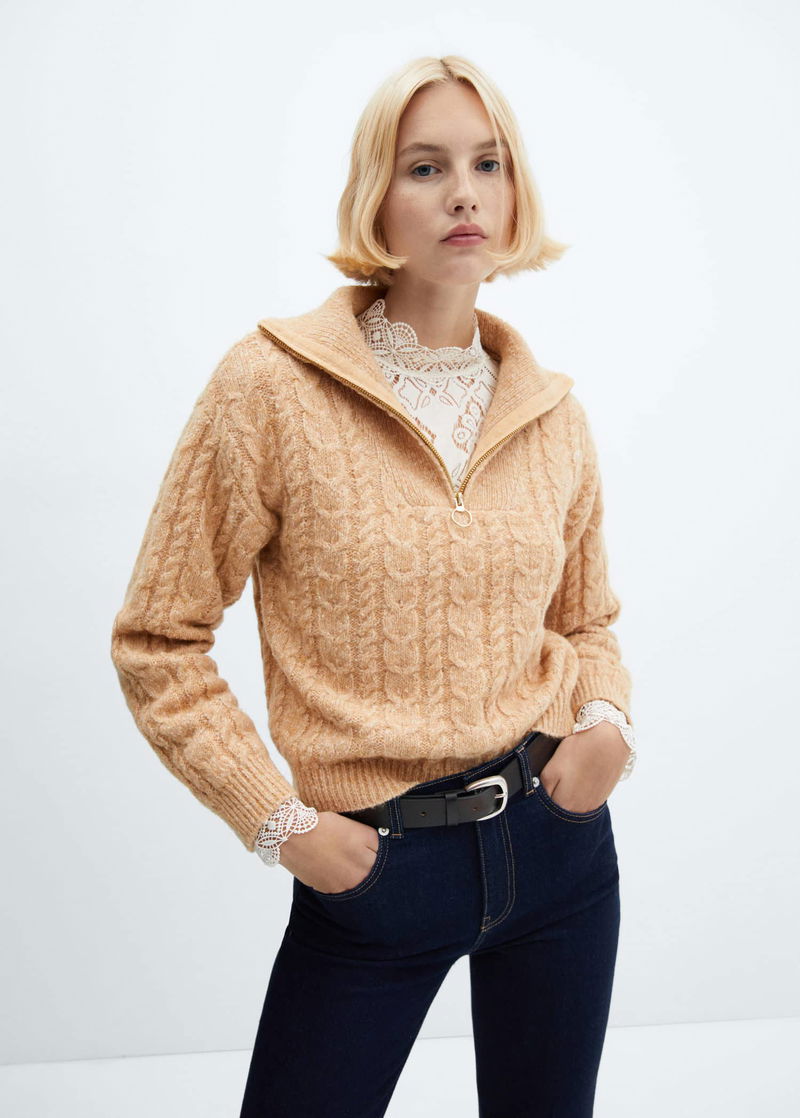 MANGO Cable-Knit Zip-Neck Sweater endource