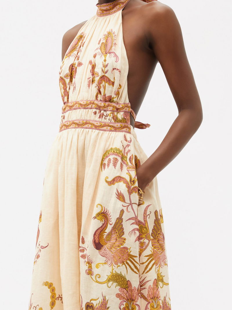 ZIMMERMANN Cassia Bird-Print Linen-Voile Maxi Dress | endource