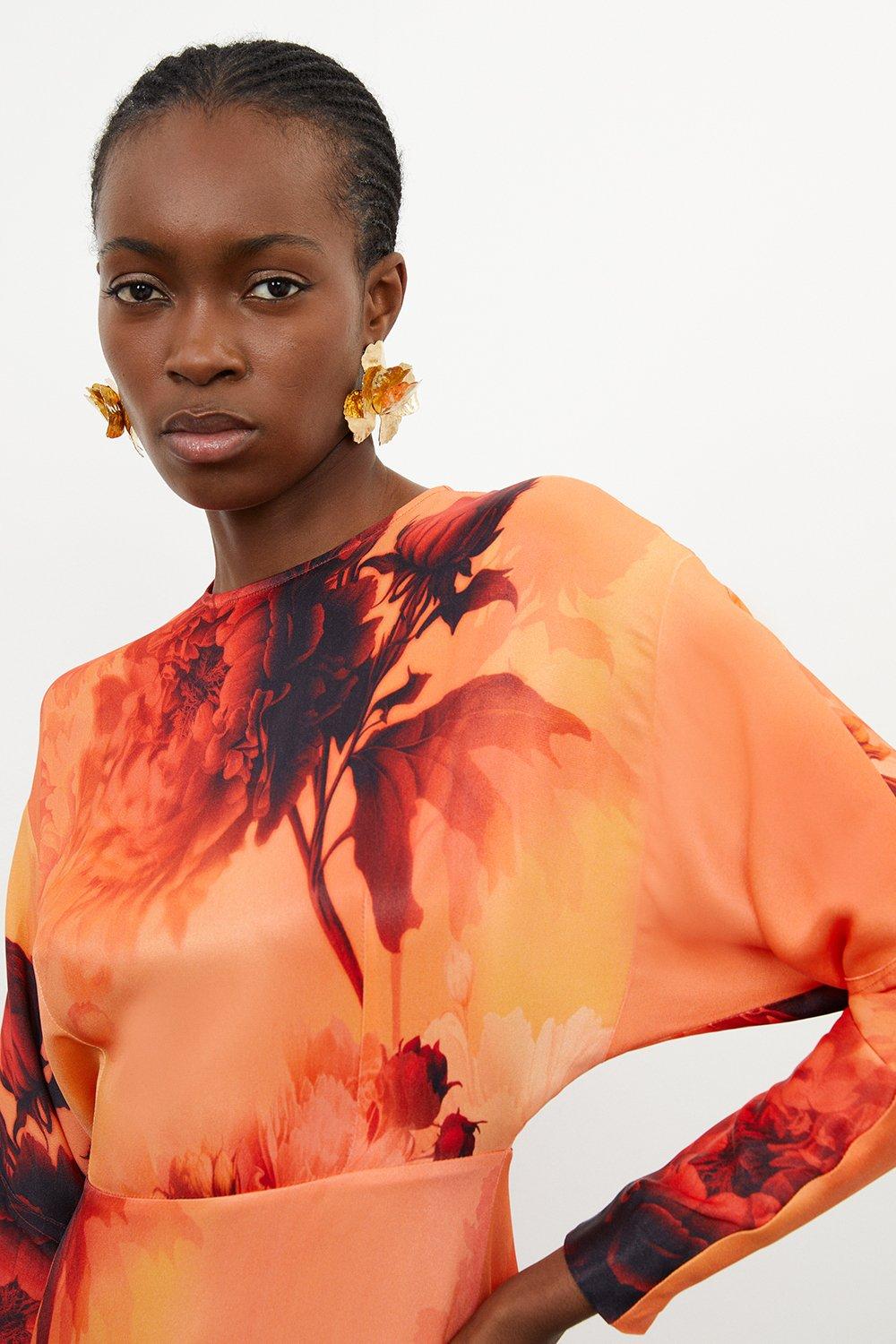 karen millen orange floral dress KAREN MILLEN Floral Satin Crepe Woven Midi Dress