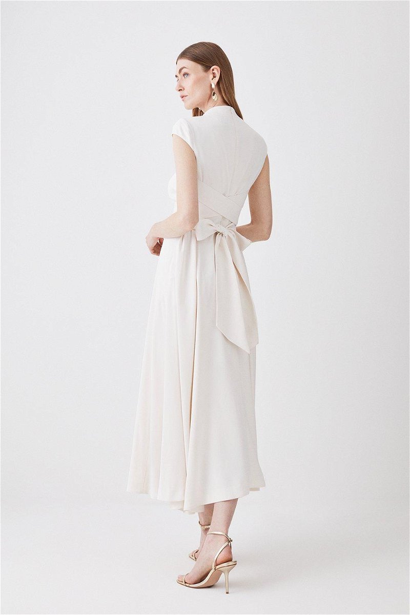 Premium Linen V Neck Wrap Detail Woven Midi Dress | Karen Millen