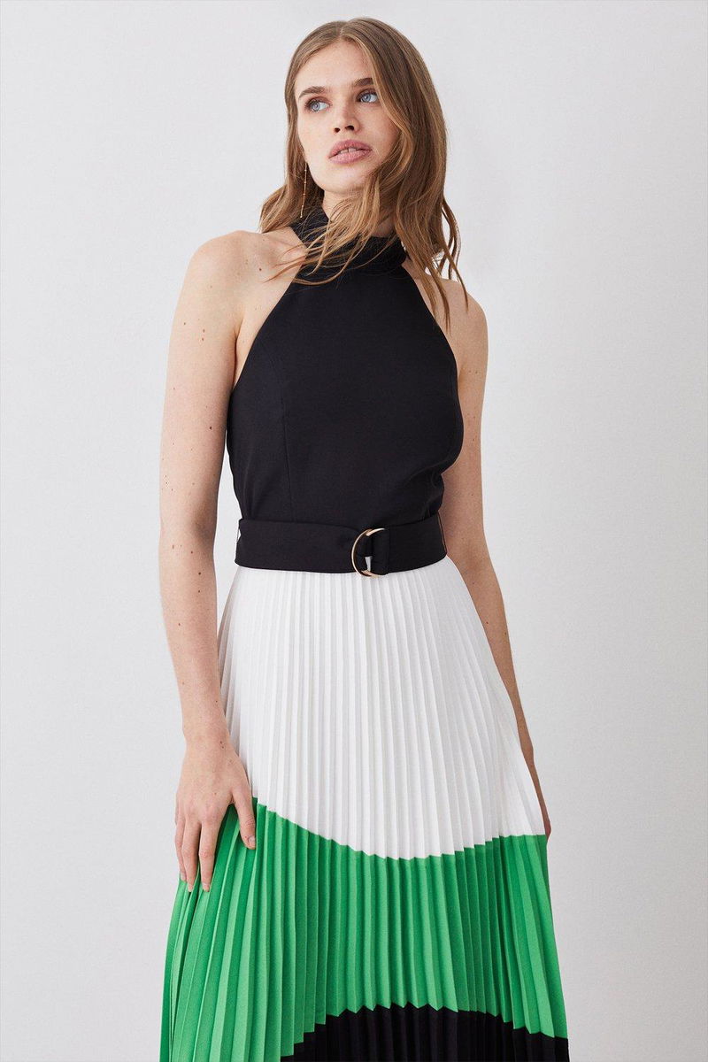 KAREN MILLEN Petite Colour Block Pleated Midi Dress endource