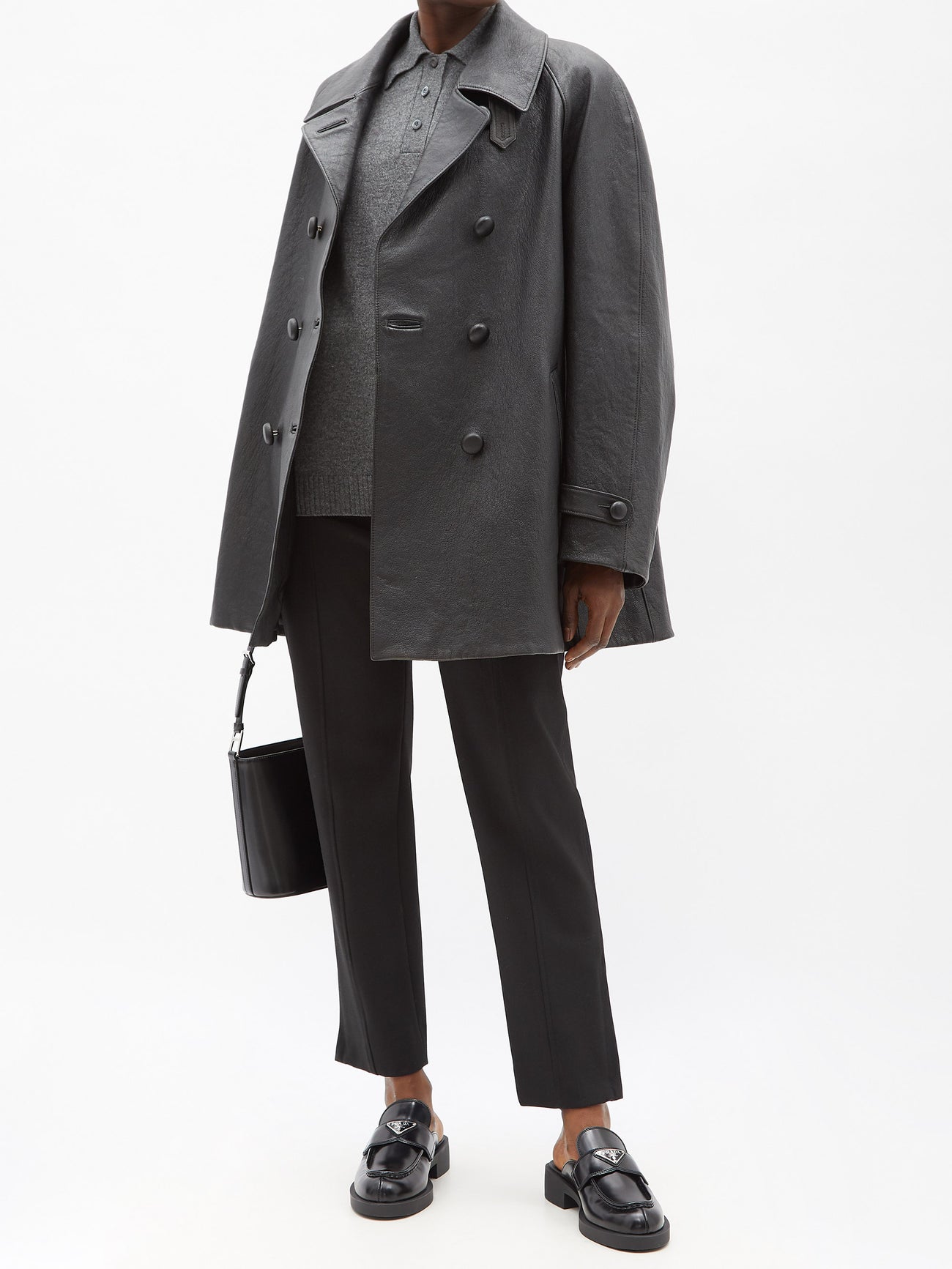 PRADA Double-Breasted Leather Pea Coat | endource