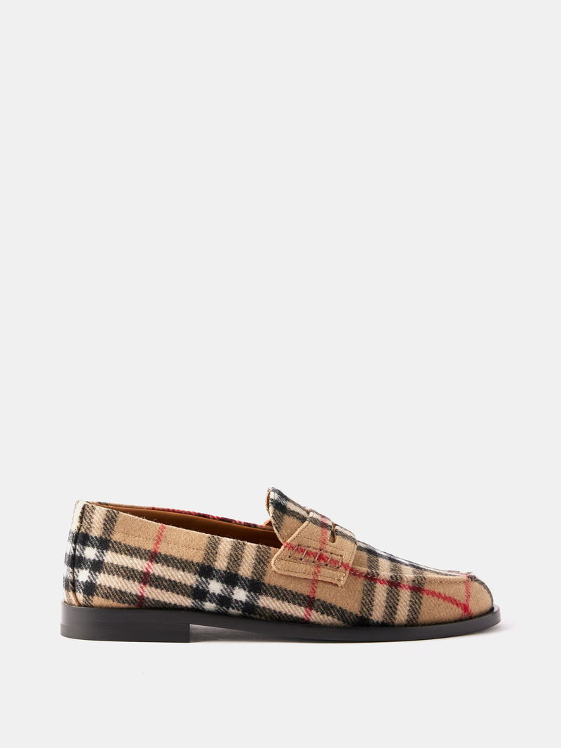 Burberry Beige Plaid Penny Loafers with Black & Red Accents Authentic BURBERRY Beige Men HACKNEY Check Wool Felt Loafer  main image 4