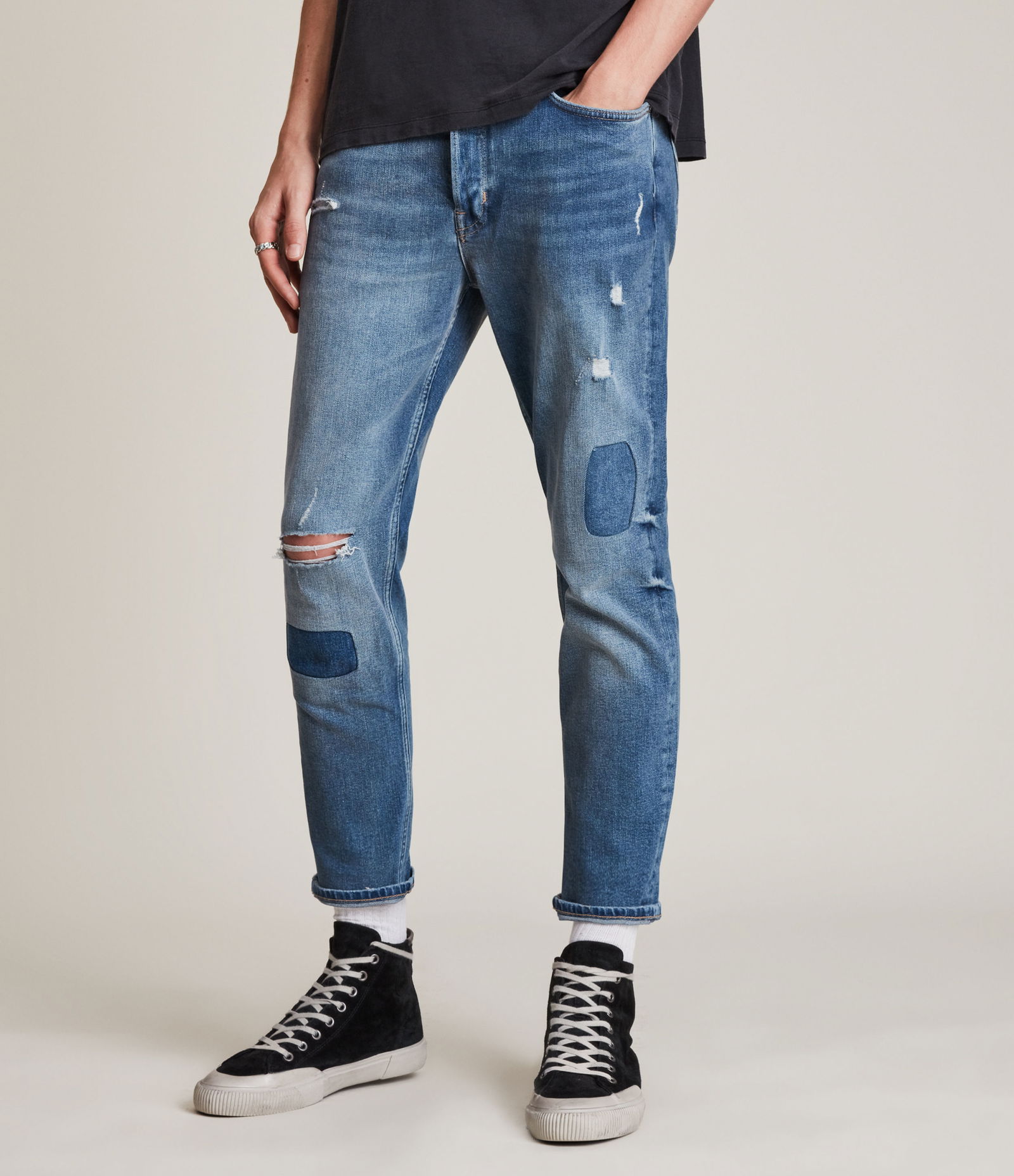 ALLSAINTS Dean Patched Cropped Slim Jeans | endource