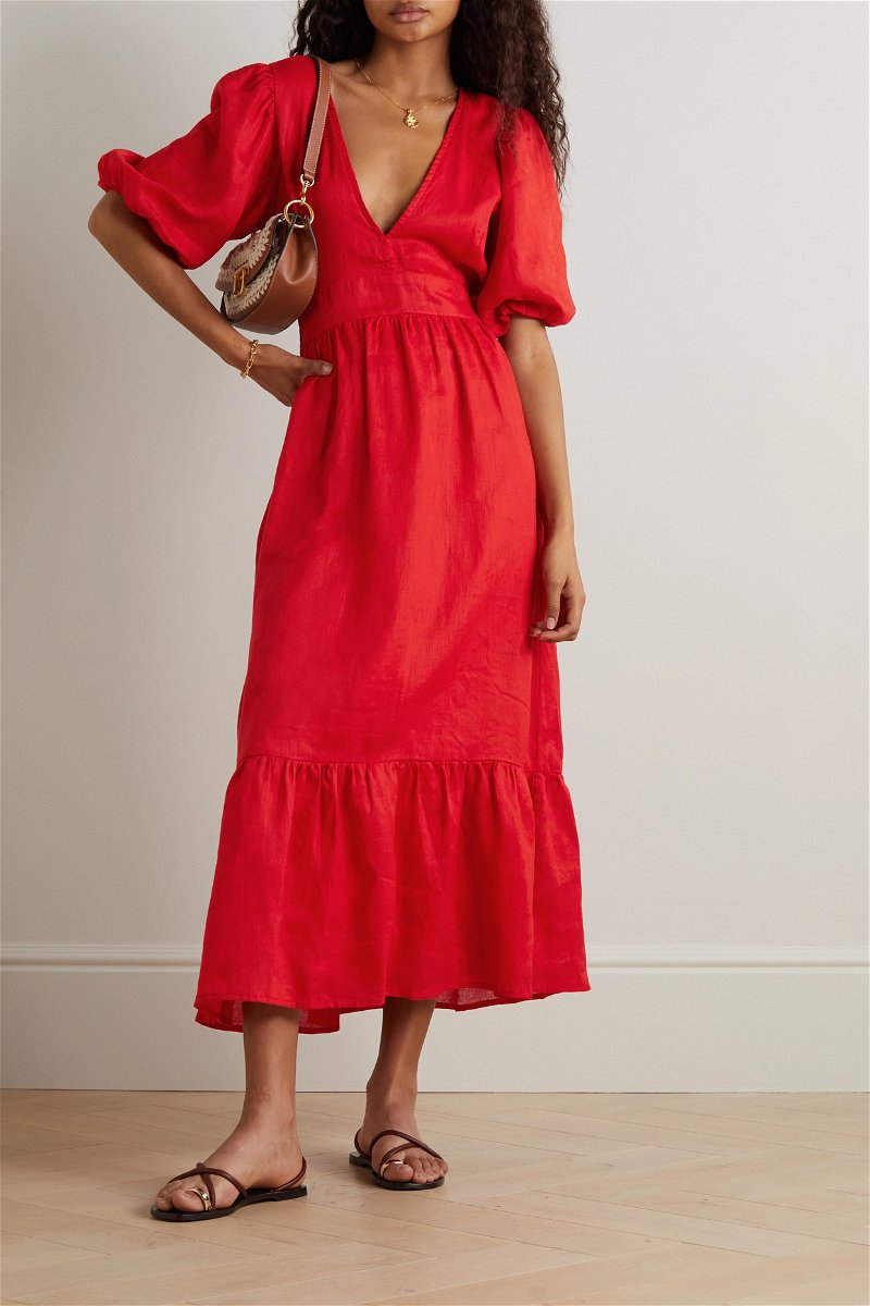 FAITHFULL THE BRAND Romilla Open-Back Linen Dress in Red