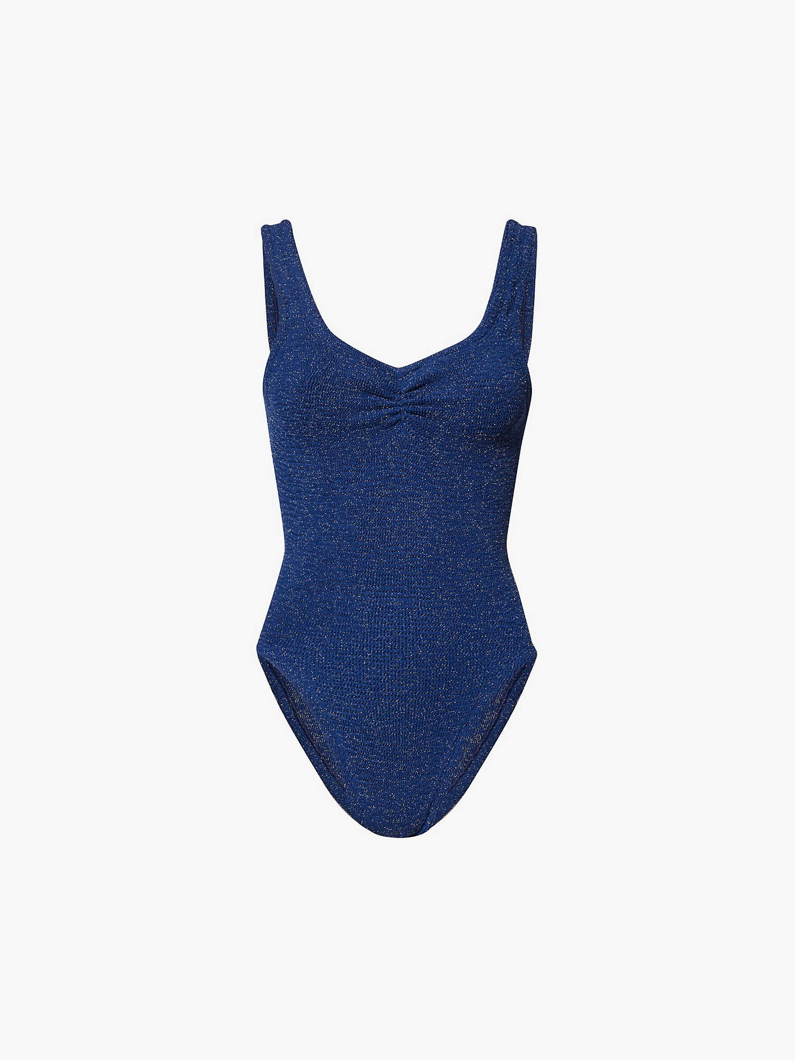 HUNZA G Ruched Metallic-Weave Swimsuit in NAVY/SILVER | Endource