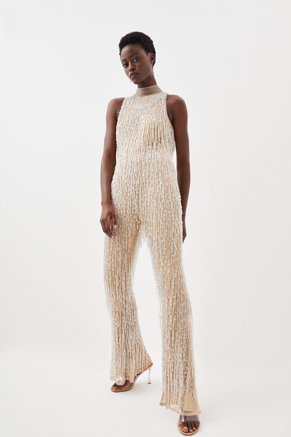 KAREN MILLEN Beaded Fringed Halter Embellished Jumpsuit in Silver ...