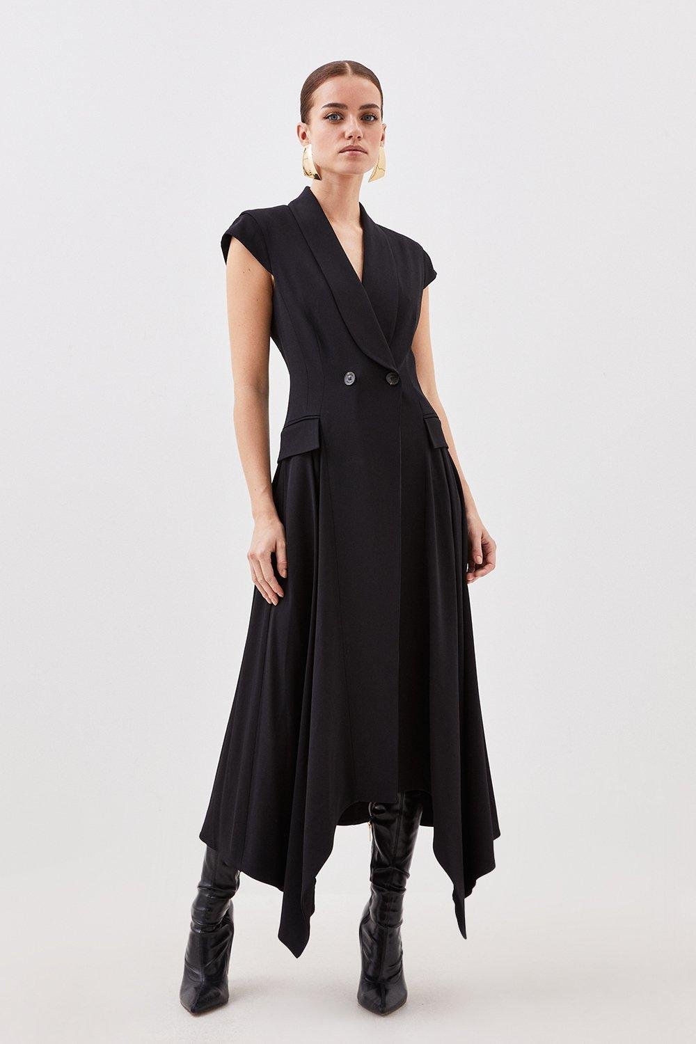 KAREN MILLEN Petite Tailored Polished Viscose Collared Detail Tuxedo Midi  Dress in Black