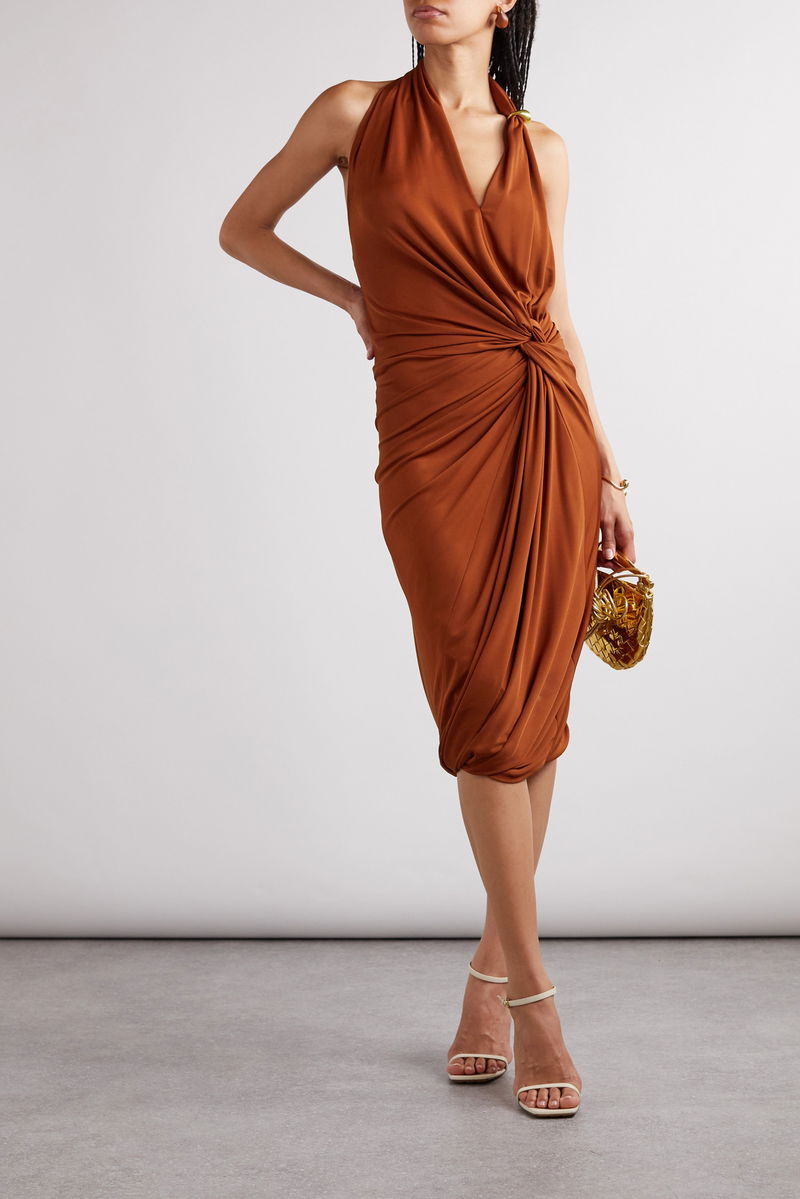 bottega veneta asymmetric halterneck midi dress BOTTEGA VENETA Gathered Stretch Halterneck Dress