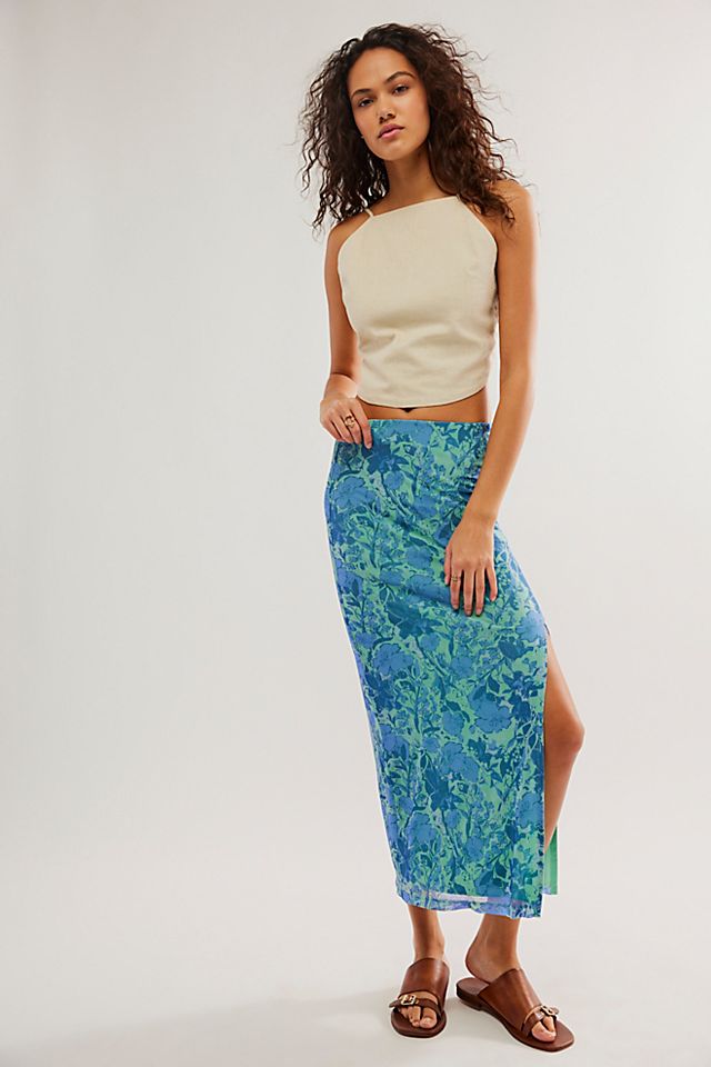 FREE PEOPLE Rosalie Mesh Midi Skirt in Teal Combo - Floral | Endource