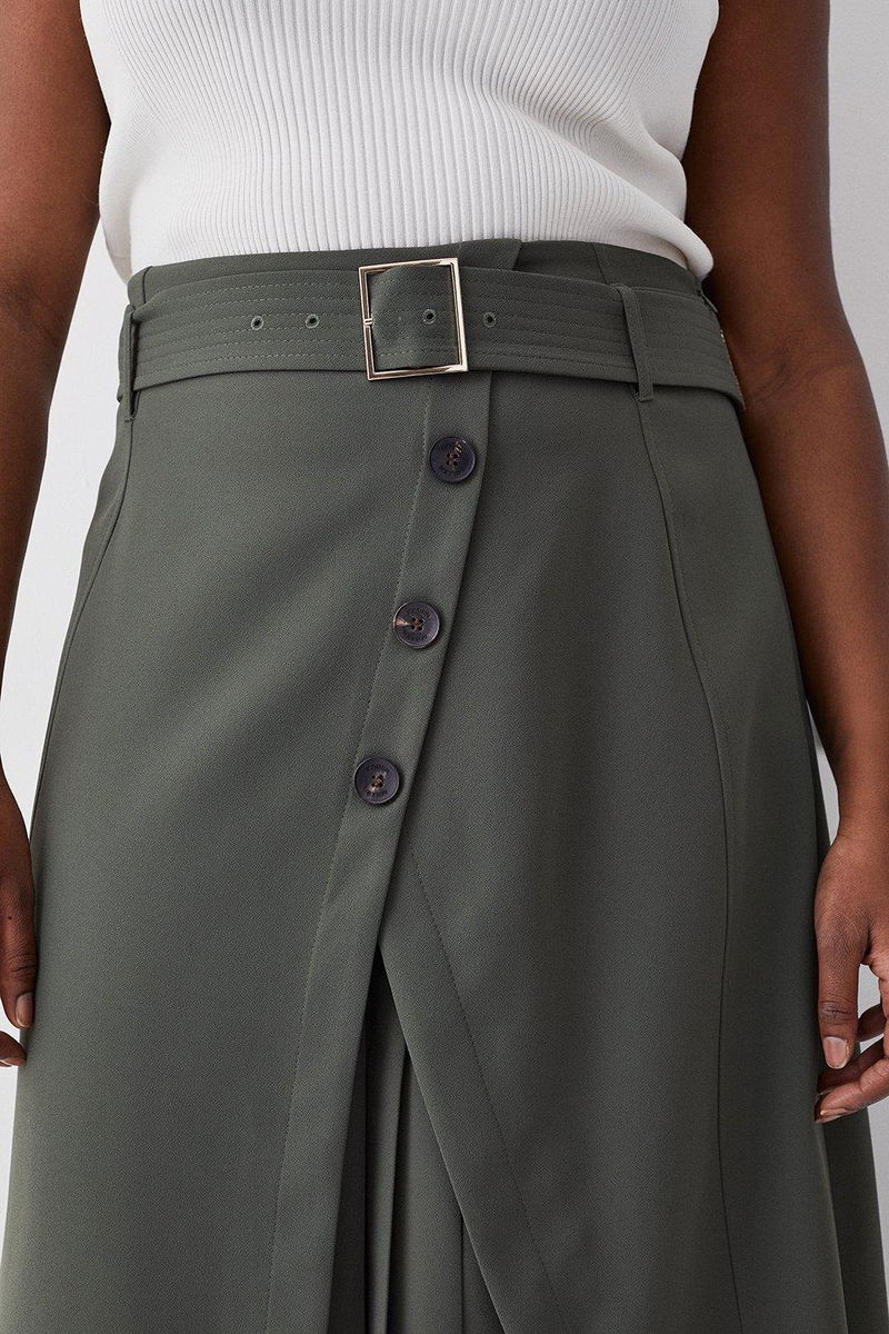 KAREN MILLEN Plus Size Belted Wrap Pleat Detail Midi Skirt in Khaki