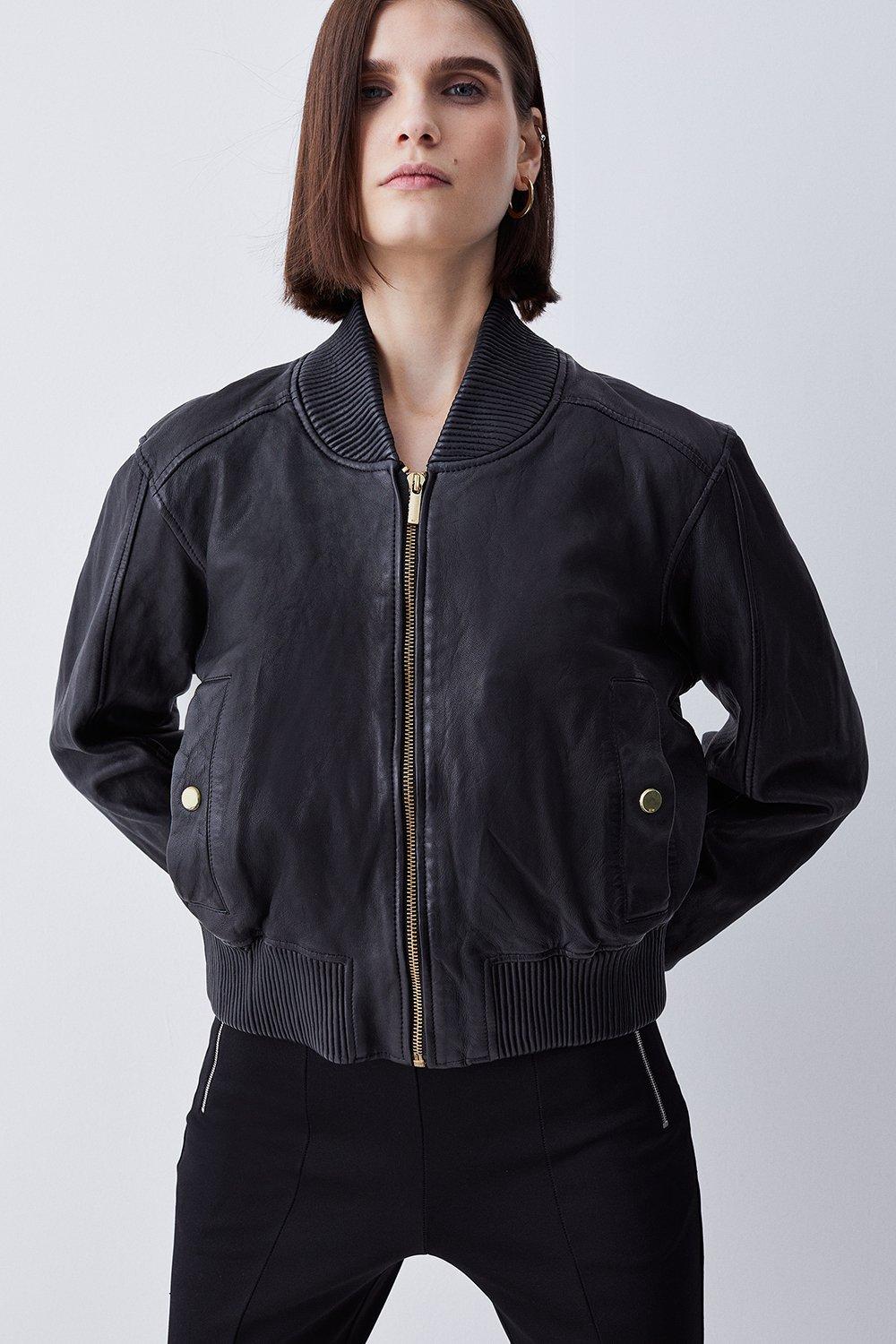 KAREN MILLEN Washed Leather Bomber Jacket | Endource