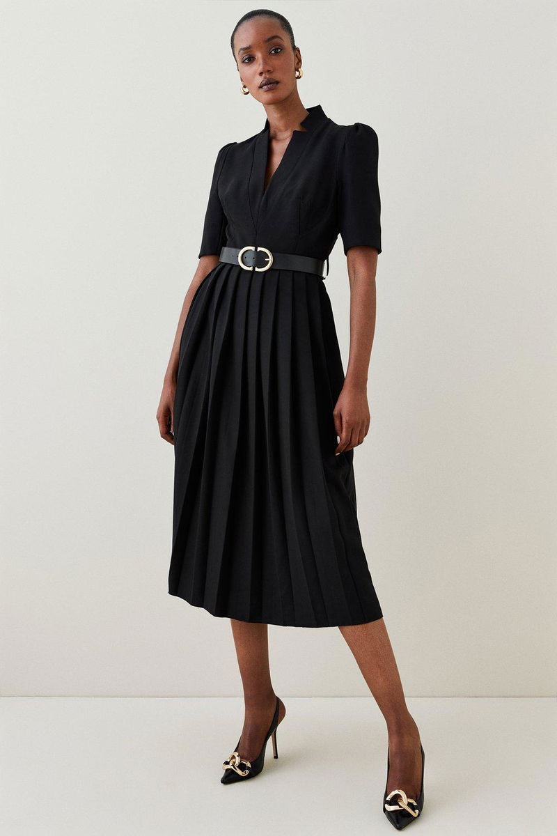 midi dress karen millen STRUCTURED CREPE FOREVER PLEAT BELTED YELLOW UK 12 ASO architectural quality to the silhouette Black Corseted Tulle Midi Dress