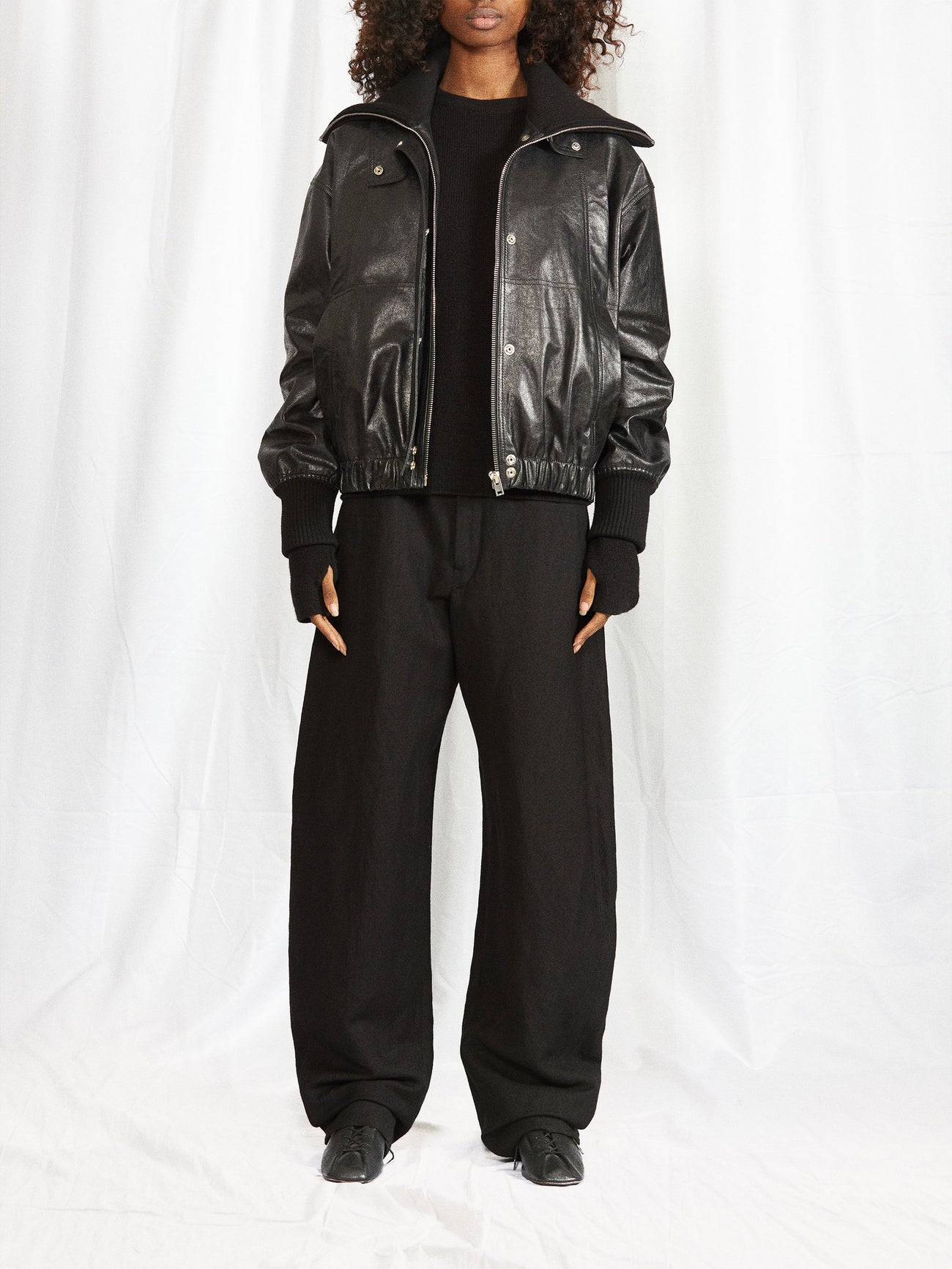 LEMAIRE Ribbed-Collar Crinkled-Leather Jacket in Black | Endource