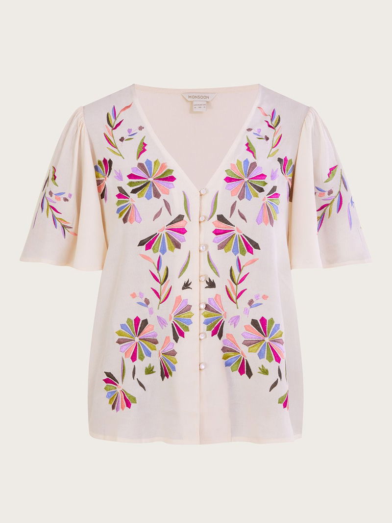 Monsoon Farah Floral Embroidered Blouse, Black at John Lewis & Partners