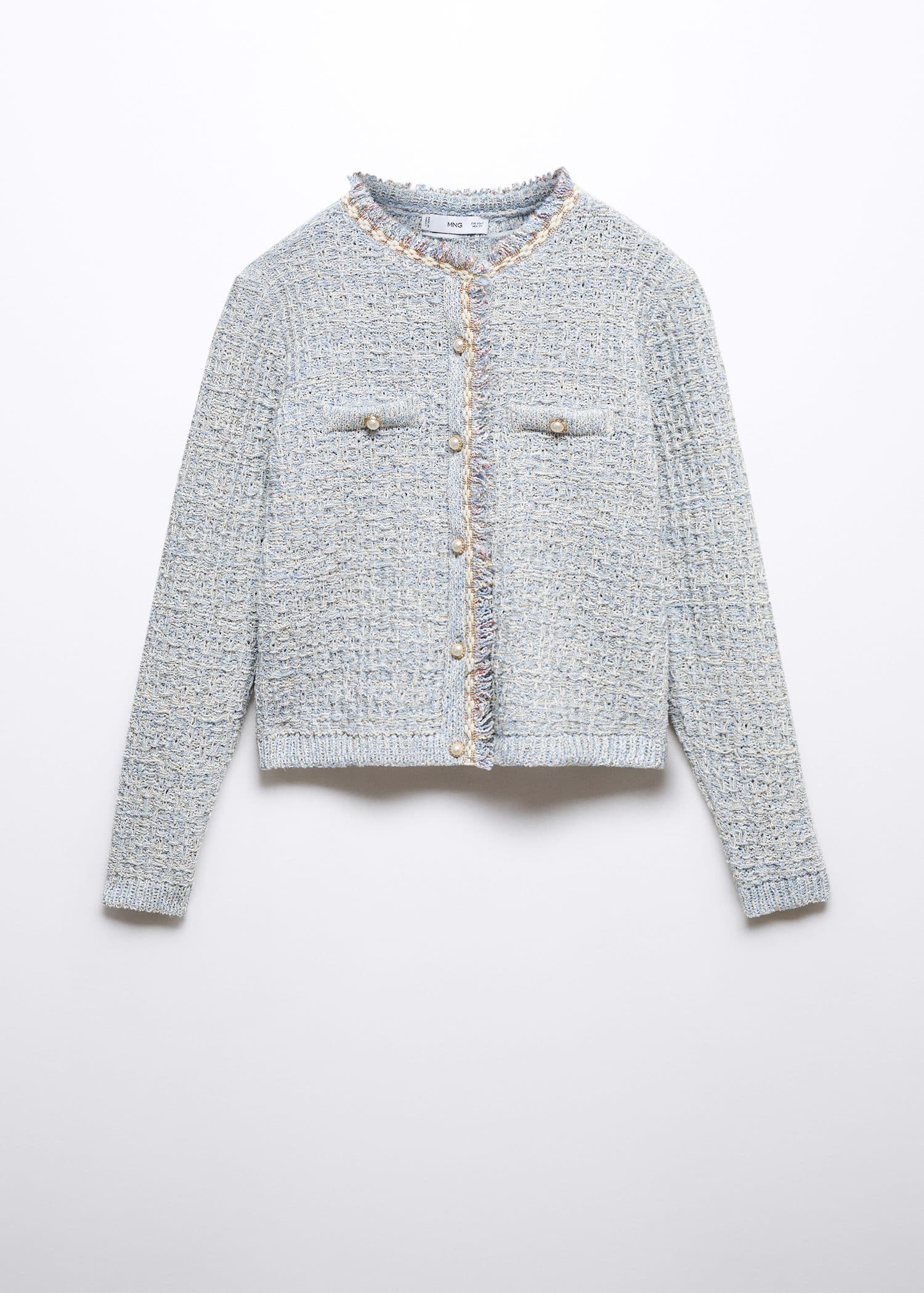 MANGO Jewel Button Tweed Cardigan in Sky Blue Endource