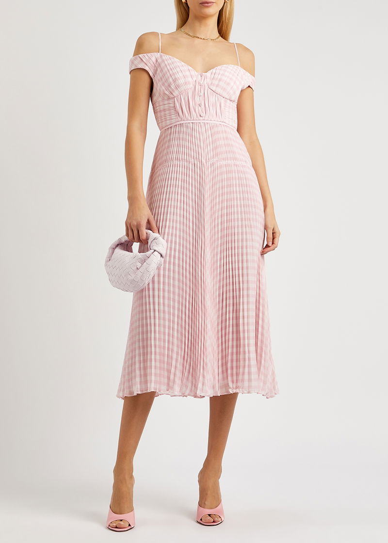 SELF-PORTRAIT Gingham Pliss Chiffon Midi Dress | endource