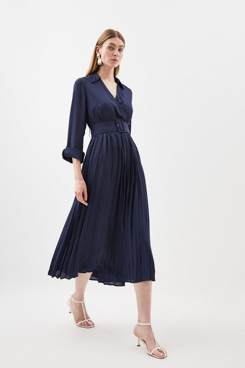 karen millen blue pleated dress Blue KarenMillen Forever Ponte And Georgette Jersey Pleated Maxi Dress