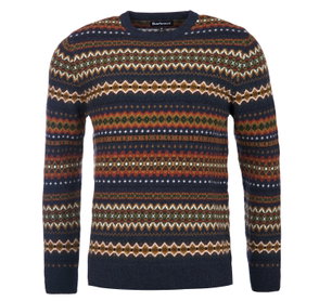 Navy Barbour sweater with a patterned Fair Isle design