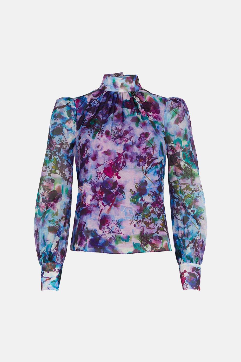 KAREN MILLEN Floral Organdie Woven Tie Neck Blouse | Endource