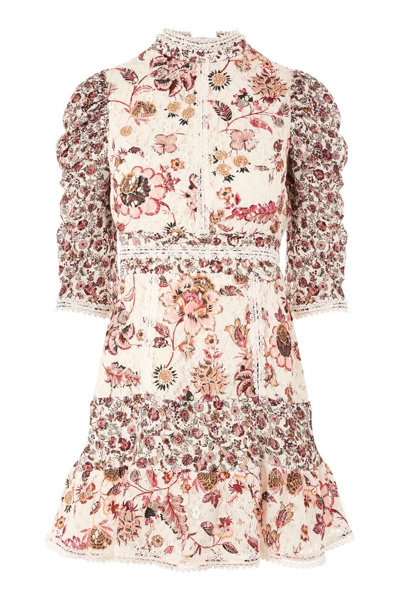 Topshop Floral Lace Strappy Dress in IVORY