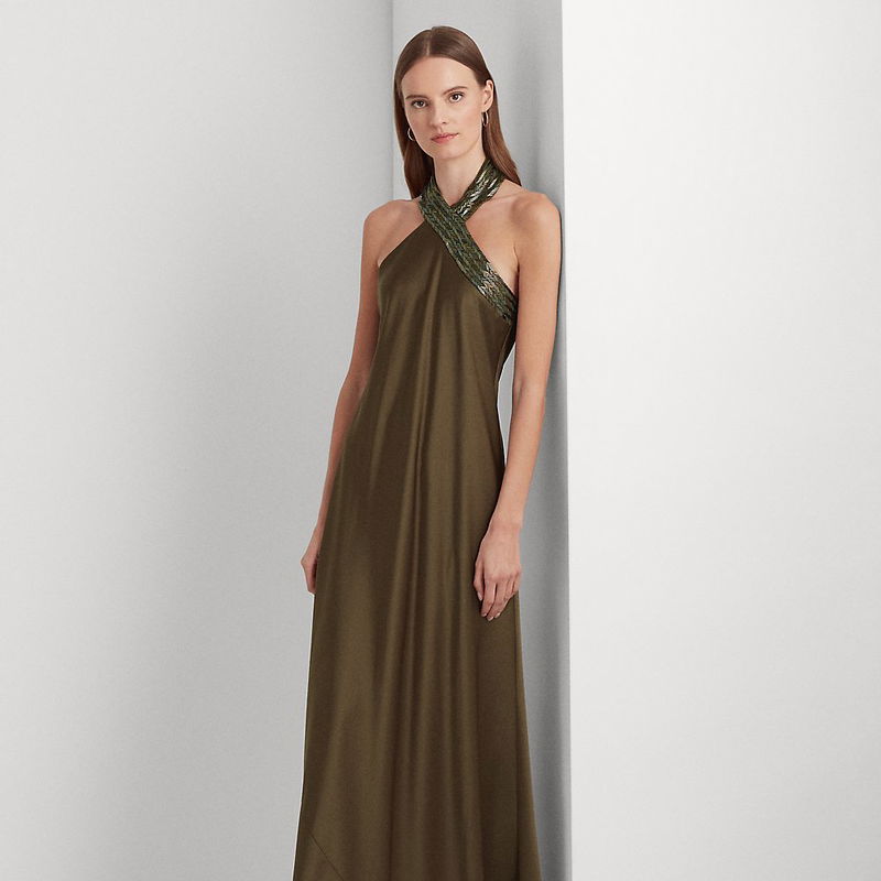LAUREN RALPH LAUREN Beaded Satin Charmeuse Halter Gown | endource