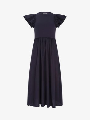Navy blue dress with ruffled sleeves and a gathered bodice.