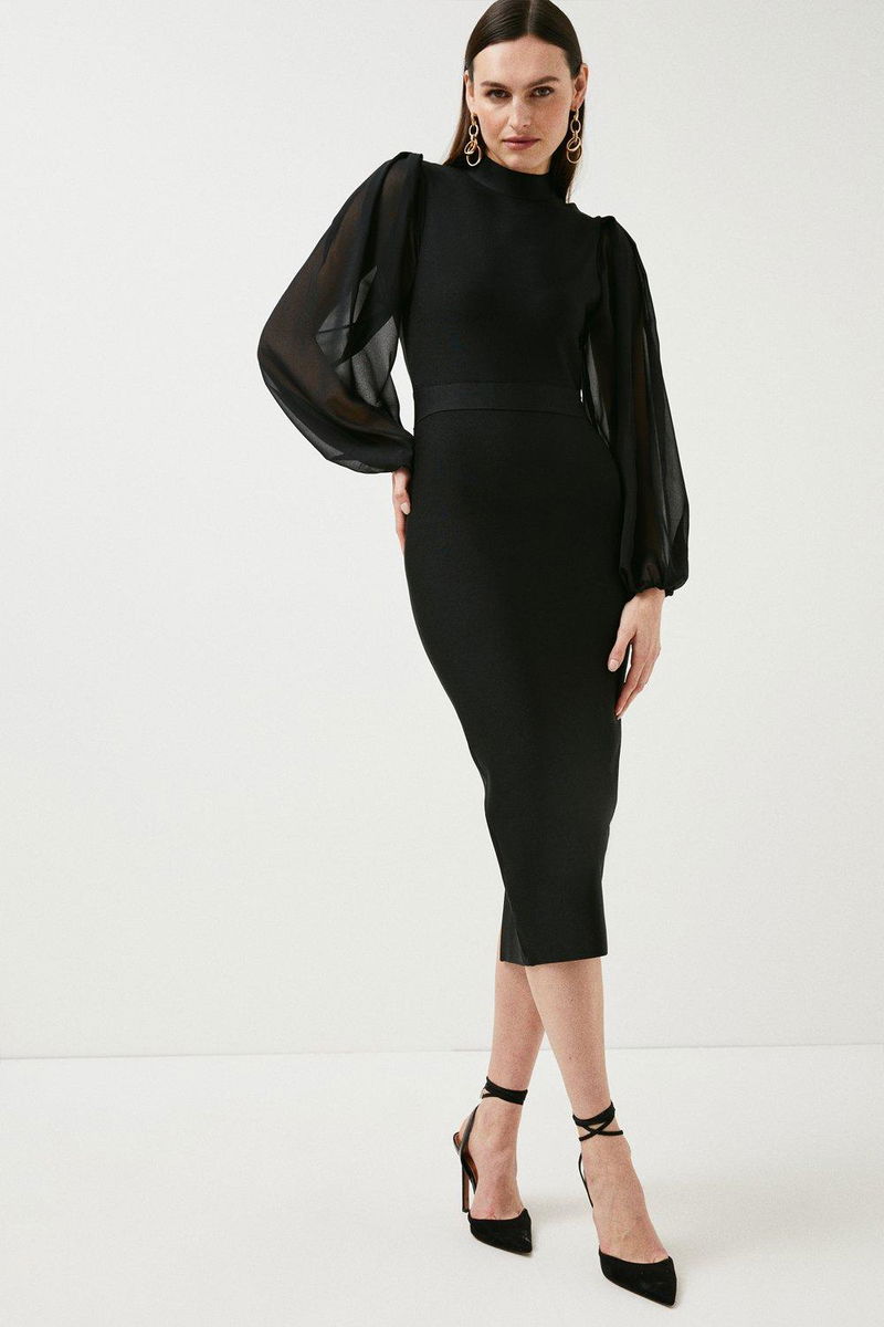 KAREN MILLEN Bandage Knit Dress With Chiffon Sleeve | endource