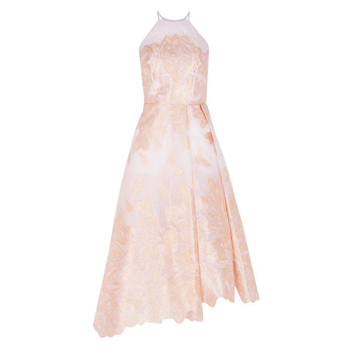 coast rose gold dress Rose Coast Asymmetric Pleated Midi Holiday Dress With Gold Detail