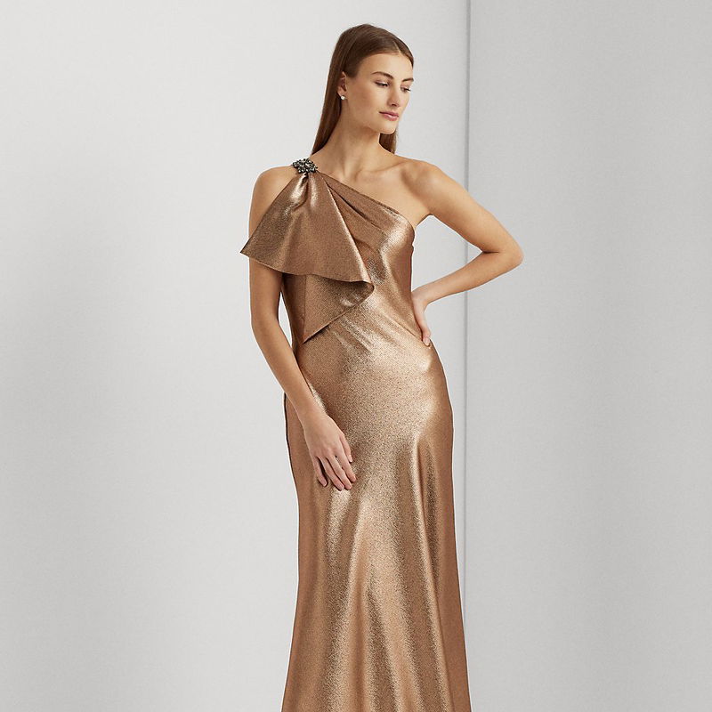 LAUREN RALPH LAUREN Metallic Charmeuse One-Shoulder Gown | endource