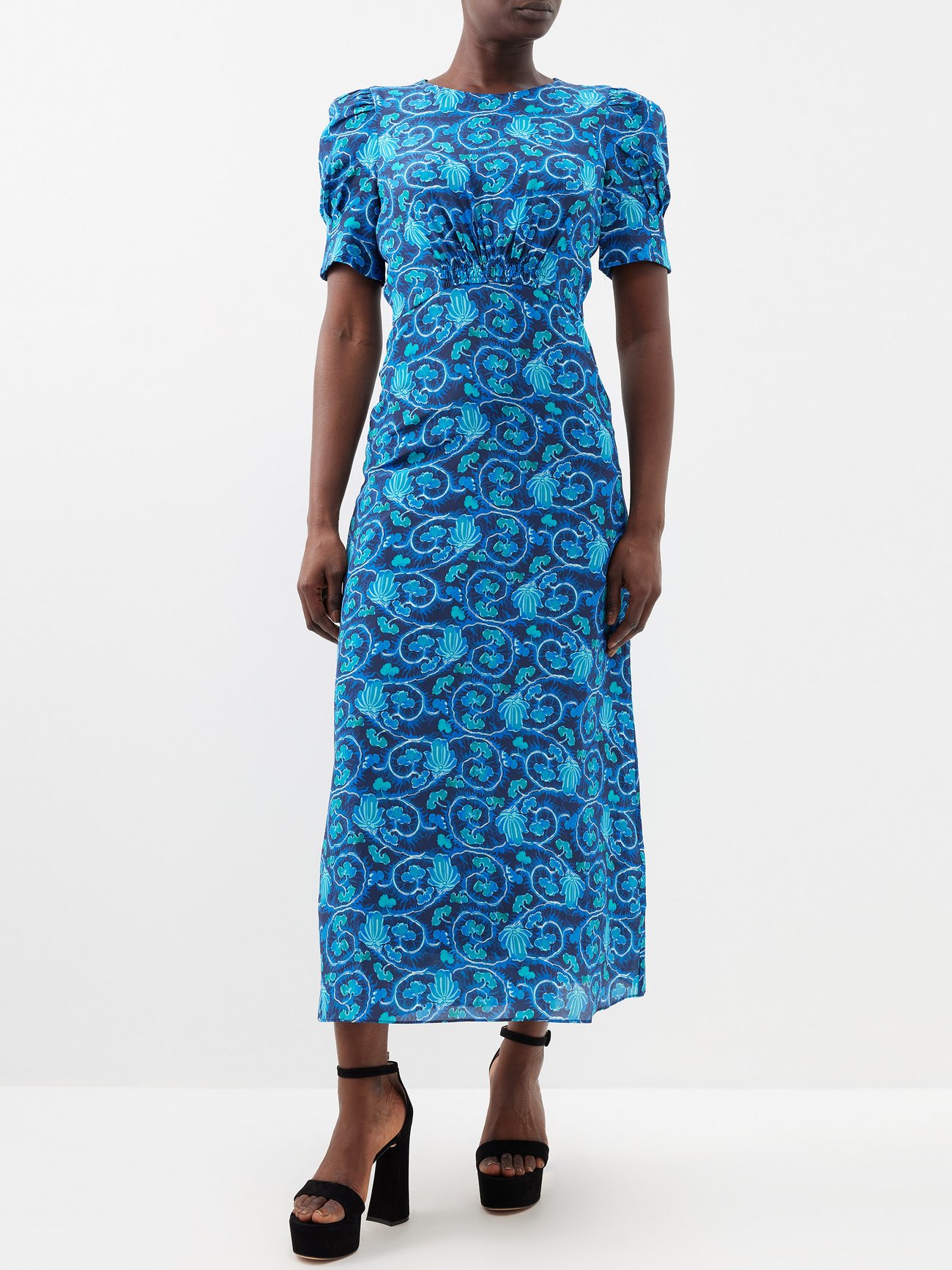 saloni bianca floral-print silk dress Saloni Bianca Floral-print Silk-satin Jacquard Midi Dress in White