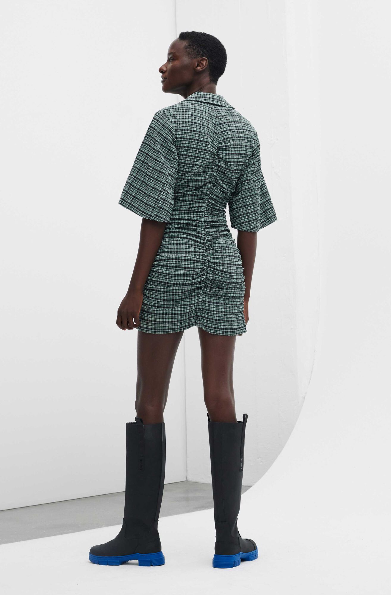 ganni seersucker dress green GANNI Stretch Seersucker Stretch Seersucker Gathered V-Neck Mini Dress